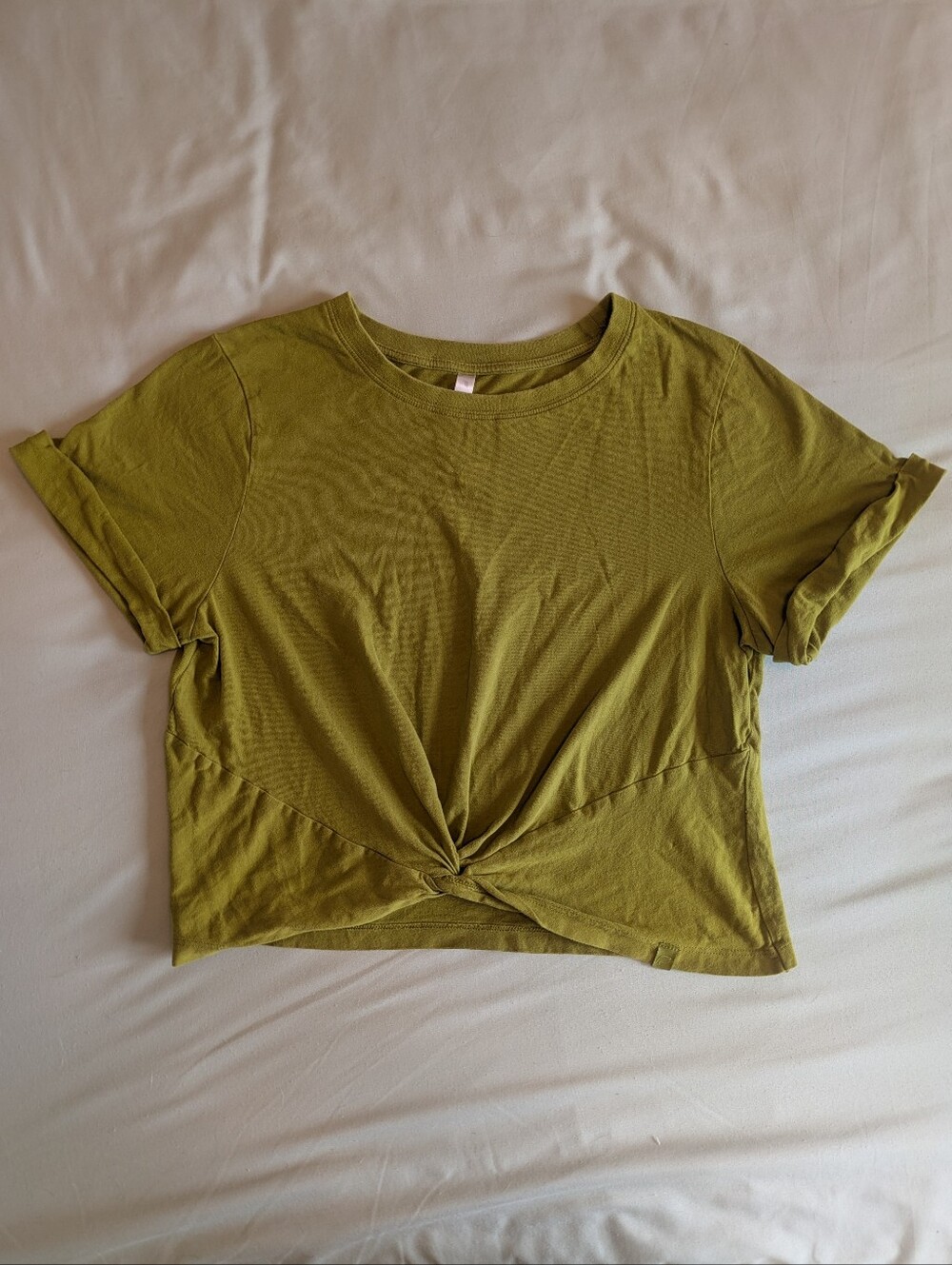 Fabletics Olive Green Twist Front Cropped T-Shirt Rolled Sleeve